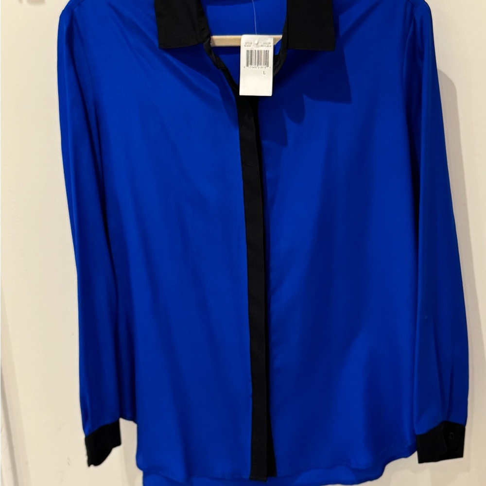 Amanda Uprichard Royal Blue silk Button Down Shirt with black silk trim.